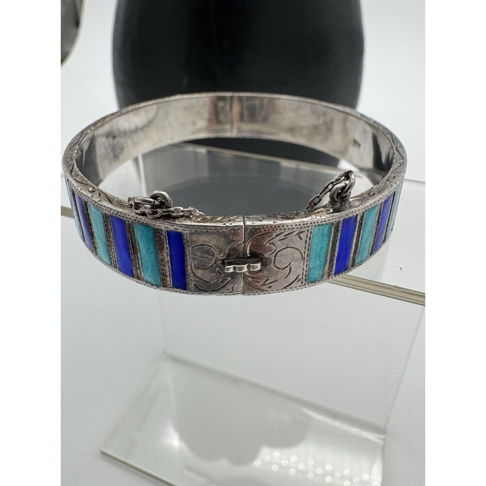 VINTAGE STERLING 925 Blue Green Aqua ENAMEL HINGEd BRACELET Bangle Clasp Closure - Picture 5 of 10